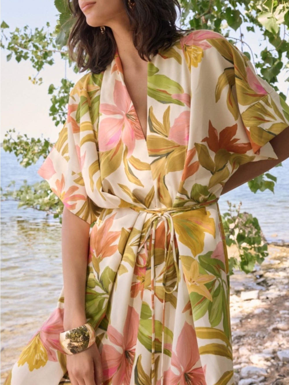 Joseph Ribkoff Cream Maxi Dress with Pink and Green Floral Print